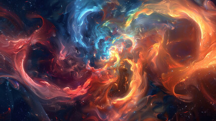 Swirling abstract shapes in a kaleidoscope of colors, suggesting a cosmic nebula or the birth of stars in a distant galaxy