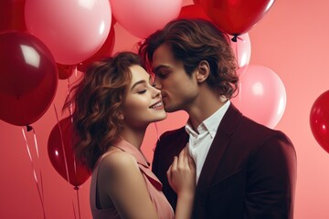 Man and woman are kissing in front of bunch of red balloons - Powered by Adobe