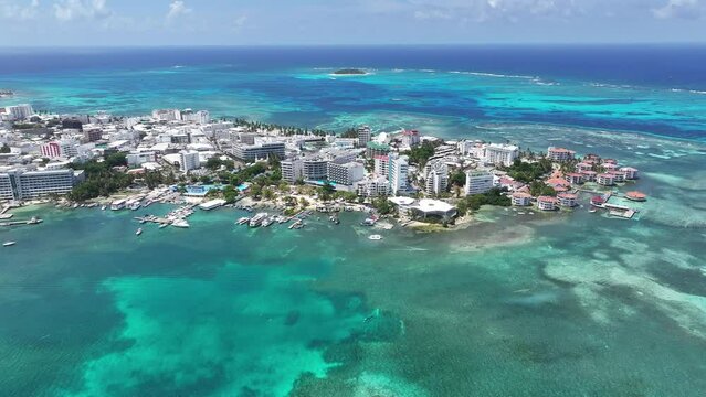 San Andres Skyline At San Andres Providencia Y Santa Catalina Colombia. Colombian Caribbean Beach. Blue Sea Background. San Andres At Providencia Y Santa Catalina Colombia. Tourism Landscape. 