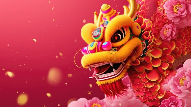 Dragon with red and yellow body and pink flowers in background