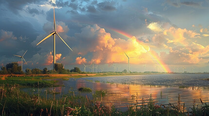 Obraz premium illustration rainbow over a wind park