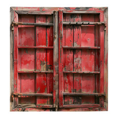 A stunning European antique red wooden shutter window set against a transparent background isolated with a transparent background