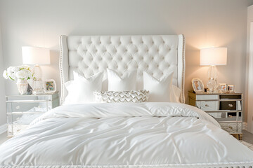 White master bedroom with an opulent tufted headboard, matching white silk bedding, and mirrored nightstands. Soft ambient lighting.