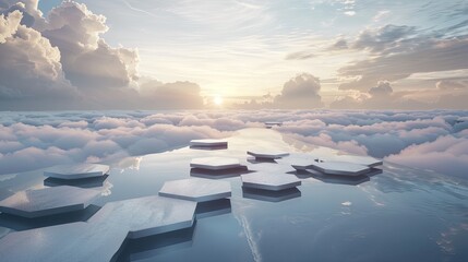 Floating hexagonal platforms above a cloud-covered sky