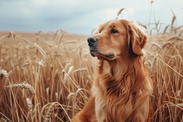 A majestic golden retriever sitting in a field of golden wheat