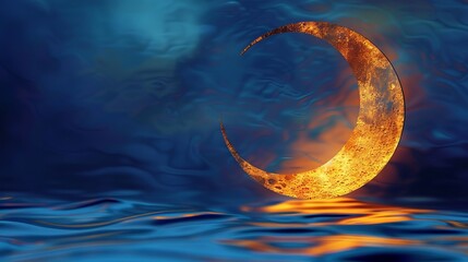 A crescent moon is floating on top of water.