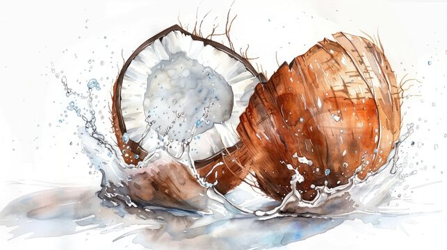 Watercolor illustration of a coconut cracked open with water splashing out