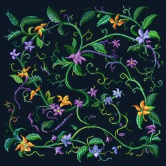 Fototapeta na wymiar A colorful floral pattern is embroidered on a black background