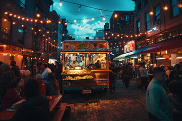 A bustling city street at twilight, with a vibrant and colorful food truck serving exotic street...