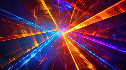 An array of colorful light beams intersecting in a dark space - obrazy, fototapety, plakaty