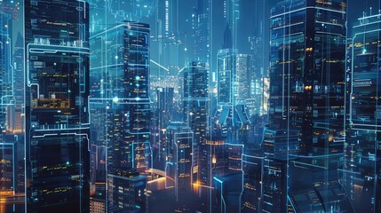 Smart city financial district with interconnected buildings and automated systems