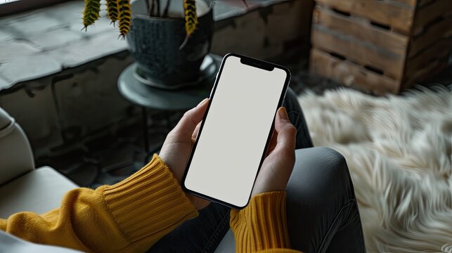 Mobile app mock-up on a phone held in a casual setting