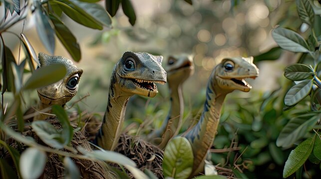 Tiny diplodocus puppies stretching their necks to nibble on low-hanging leaves