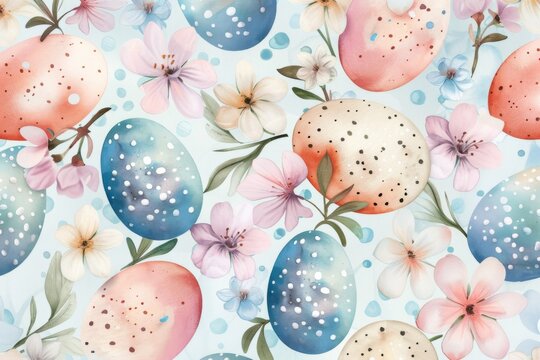 Watercolor Easter pattern with floral eggs and spring flowers