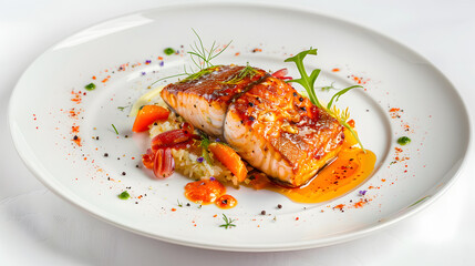 A succulent grilled salmon fillet served on a white plate against a restaurant background