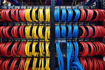 Symmetrical Array of RJ45 Patch Panels Mounted in a Server Rack Illuminated by Vibrant Ethernet Cables