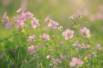 Fototapeta premium A field of pink flowers with green grass in the background