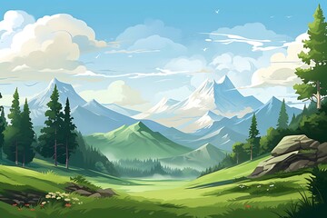 Vibrant illustration of a lush mountain valley with evergreen forests under a dynamic sky. Generative AI