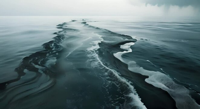 dark oil spills spreading across the ocean's surface, threatening marine life and coastal communities,