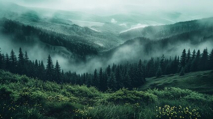 Misty Vintage Woods A Retro-Inspired Journey Through Fir Forest Autumn trees in the Misty Forest,...