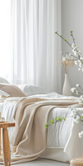 Bedroom in neutral tones and minimal decor bathed with natural light coming from a window. Interior design chic bedroom composition.