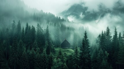 A forest filled with trees covered in fog and smoky in haze, Panoramic view of a misty foggy mountain landscape with a fir forest, morning fog. The evanescent atmosphere in the woods wrapped in mist.