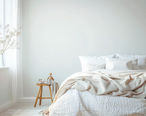 Bedroom in neutral tones and minimal decor bathed with natural light coming from a window. Interior design chic bedroom composition.