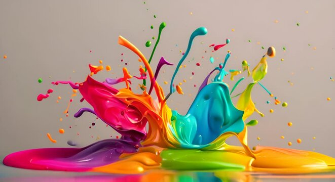 High-speed capture of colorful paint splashes colliding mid-air, photorealistic detail,
