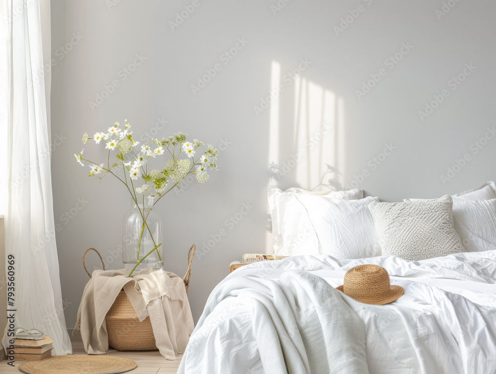 Poster Bedroom in neutral tones and minimal decor bathed with natural light coming from a window. Interior design chic bedroom composition.