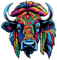 Colorful Portrait of a Bison Head - Artistic Illustration or Textile Print Motif Isolated on White Background, Vector - 793561127
