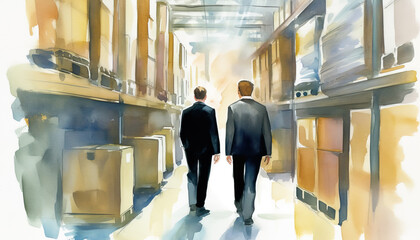 Watercolor illustration. Managers in logistics center among racks and boxes on white background. Businessmen in black suits walking through warehouse.