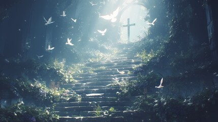 Stairway to heaven, the light part has a cross, radiating light, white doves flying towards the light, spiritual background, sunlight and ancient stone steps in a dark forest. 