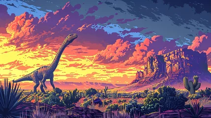 Fototapete A dinosaur is walking in a desert with a sunset in the background © pat