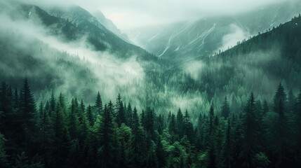 Mist moving between the trees ariel view. Rainy weather in mountains and forest. Misty fog blowing over pine tree forest. Aerial footage of spruce forest trees on the mountain hills at misty day.
