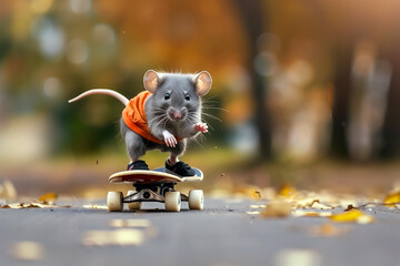A cute little mouse skateboarding down an asphalt road - an amazing moment of animal courage and playfulness. - 793562573