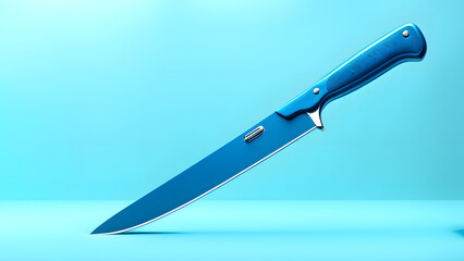 A blue knife is shown on a blue background. Concept of danger and power, symbol of violence and aggression - obrazy, fototapety, plakaty