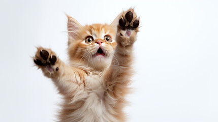 cute little red persian cat with paws high in the air