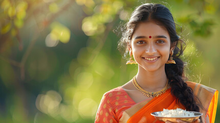 Beautiful indian girl serving food - obrazy, fototapety, plakaty
