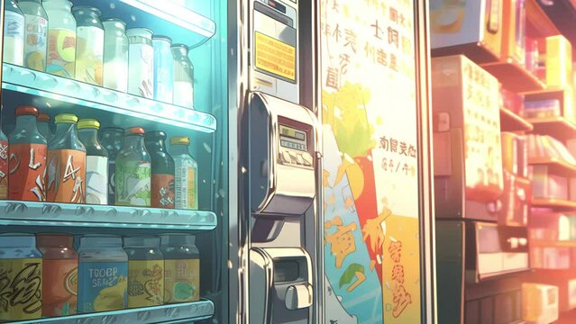 anime scene of  Vending machine around tokyo japan  with wide variety of soft drinks and coffee