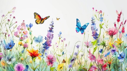 Fototapeta na wymiar Watercolor painting of colorful wildflowers with butterflies on a white background