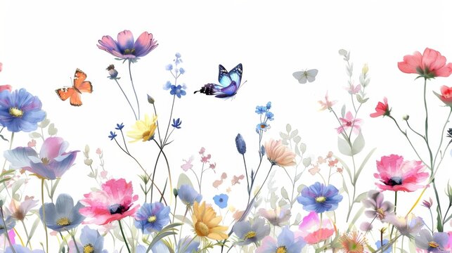 Watercolor painting of colorful wildflowers with butterflies on a white background