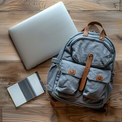 Top view of a school backpack with neatly arranged school supplies and laptop on a clean wooden surface. 