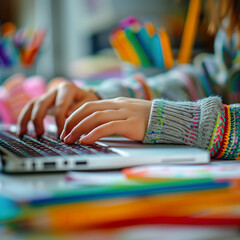 Close-up of a student's hands typing on a laptop, surrounded by vividly colored school supplies. 