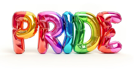 A colorful shiny rainbow-colored balloon letters spelling 