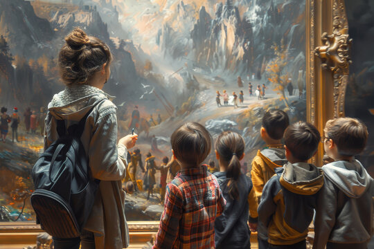 Children captivated by a painting at an art museum, experiencing culture.