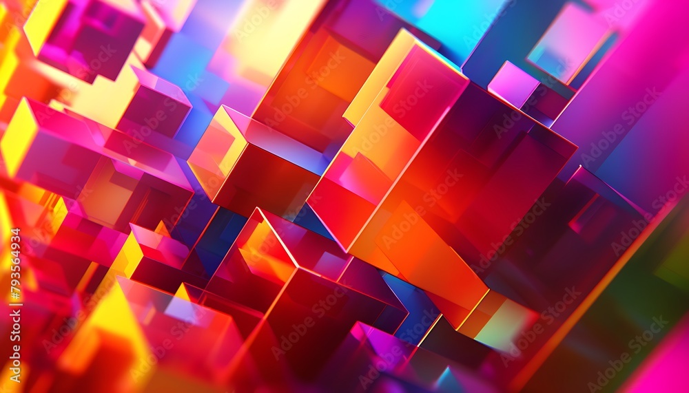 Poster vibrant 3D abstract backdrop with a modern digital touch. Emphasize geometric shapes, vivid colors, and dynamic patterns