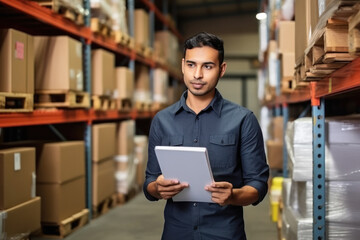 young male Worker Checking Inventory, Writing in Tablet Computer.