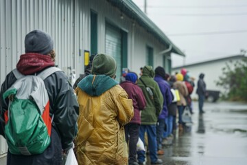 line of people waiting outside a food bank