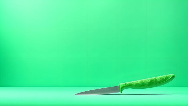 A green knife is laying on a green background. The image has a calm and peaceful mood