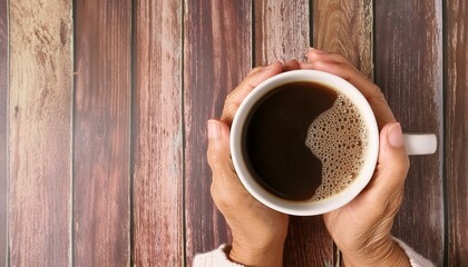 Hands holding a mug of fresh brewed coffee against rustic wooden background